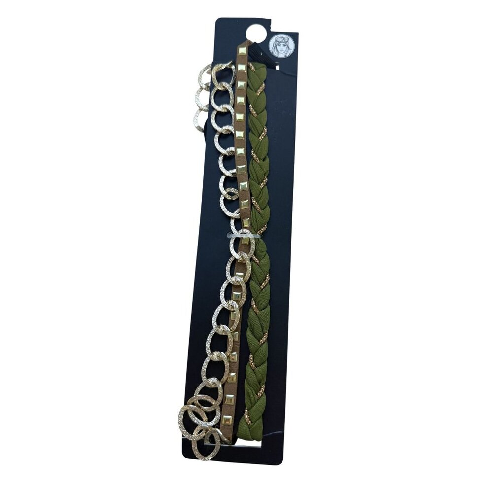 3-Pack Olive Braided & Studded Headbands With Gold Chain Accent For Women